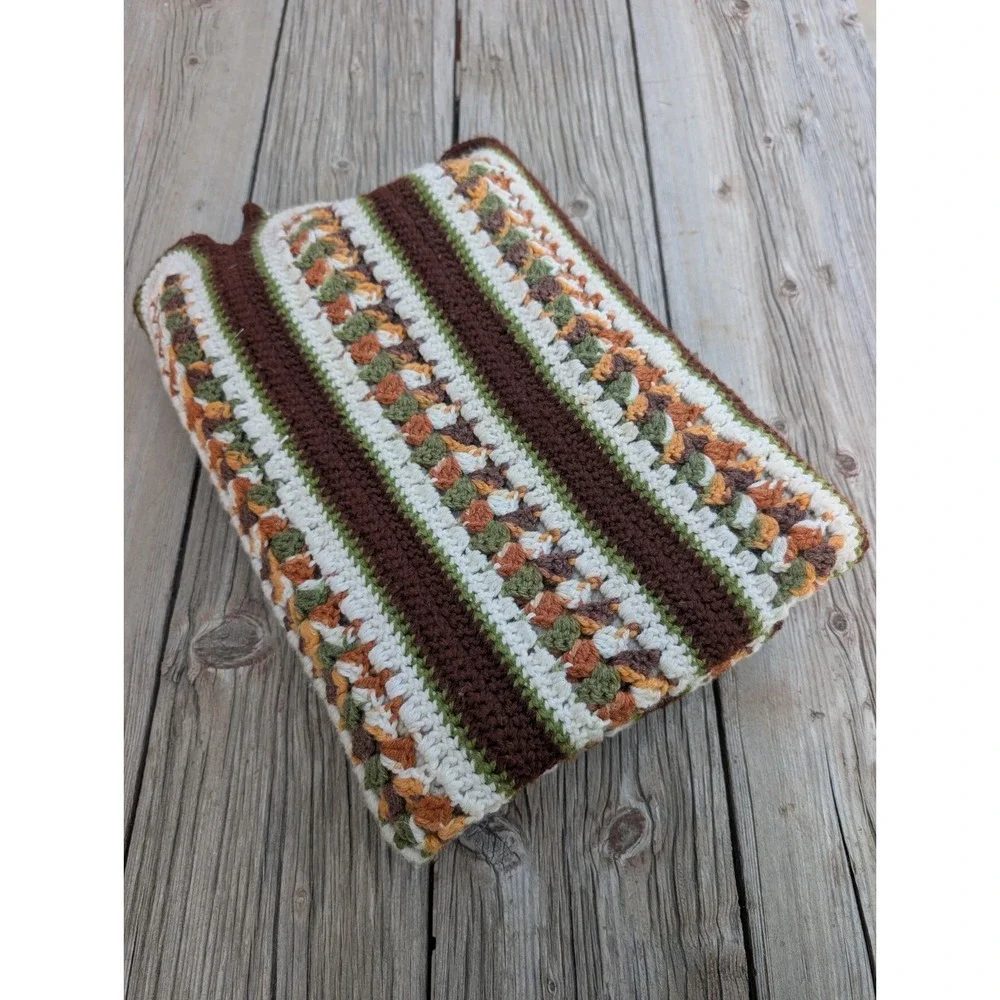 Vintage Handmade Crochet Blanket Earth Tones Cottagecore Boho 50x69 Afghan Throw